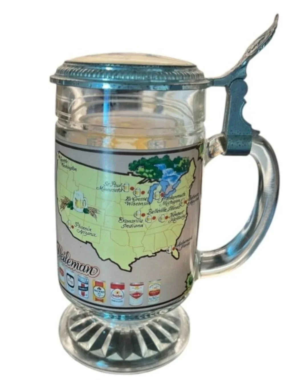 Vintage G. Heilman Brewing Company beer stein, clear glass body, metal lid